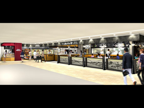 スパーマーケットとワインバーを併設する店舗のイメージ