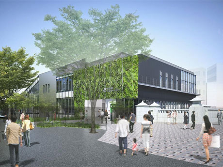 新設する原宿駅の明治神宮側外観イメージ。左手が明治神宮で右手が神宮橋・表参道方面（JR東日本提供）