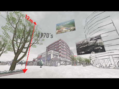 VR動画内のケヤキが12メートルに成長した1970年代の明治神宮交差点付近