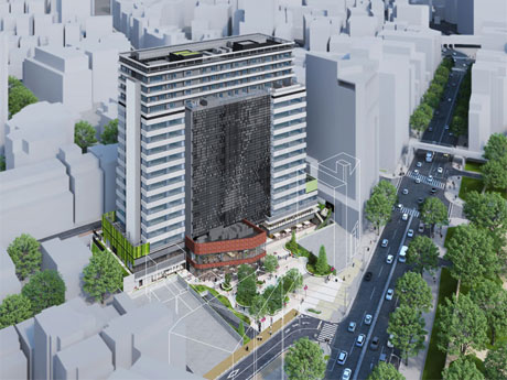 原宿側から望む「渋谷キャスト」の外観。右手の通りが明治通り（画像提供＝渋谷宮下町リアルティ）