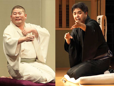 当日高座に上がる（左から）桃月庵白酒さんと立川志らくさん