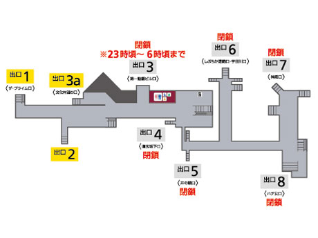 閉鎖する出入り口（地下1階の地図）