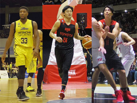 日本代表メンバーに選出された（左から）サンロッカーズ渋谷のアイラ・ブラウン選手、アルバルク東京の田中大貴選手、竹内譲次選手