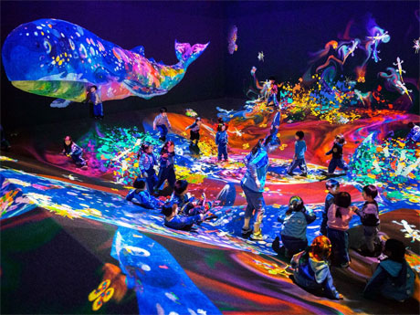 来場者らが描いた生き物などを空間に映し出す「グラフィティネイチャー-山と谷」より