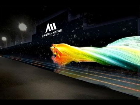 全長36メートルのLEDビジョンにアスリートの動きを再現した3Dアバターを映し出す「ATHLETES IN MOTION」のイメージ
