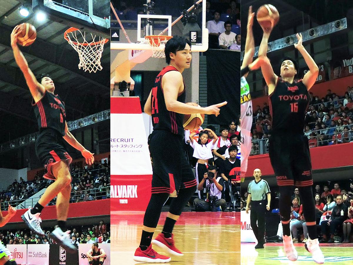 来年のオールスターゲームに出場が決まったアルバルク東京の（左から）馬場雄大選手、田中大貴選手、竹内譲次選手