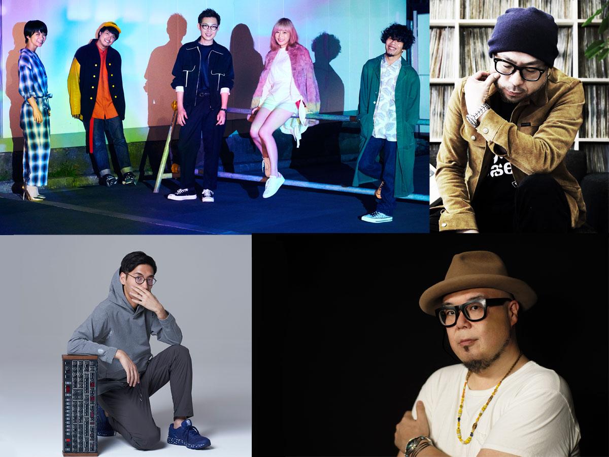 オープニングイベントに出演する(左上から時計回り）ドAwesome City Club、須永辰緒さん、田中知之さん、tofubeatsさん