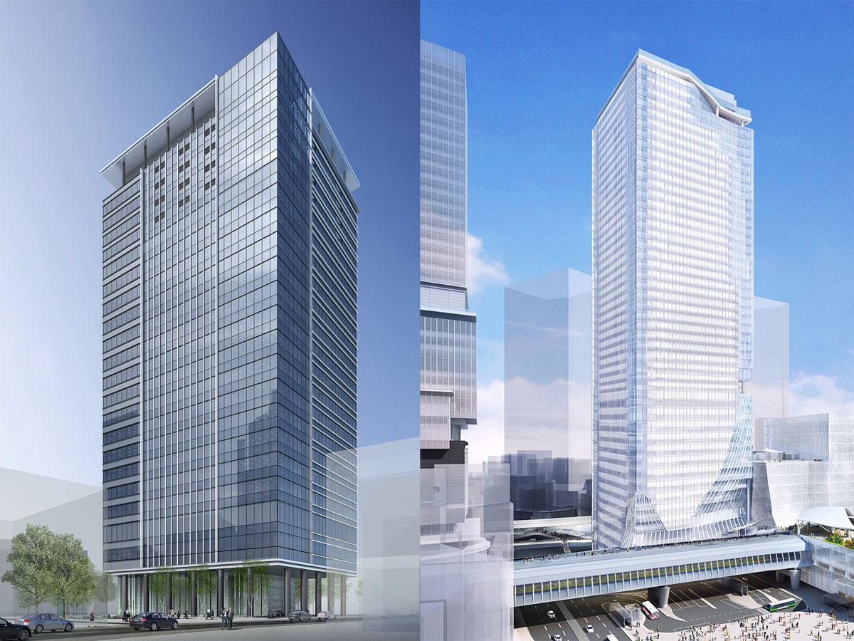 住友不動産が建築中の「Abema Towers」（左）と東急東横線旧渋谷駅跡に建設中の高層ビル「渋谷スクランブルスクエア」（右）