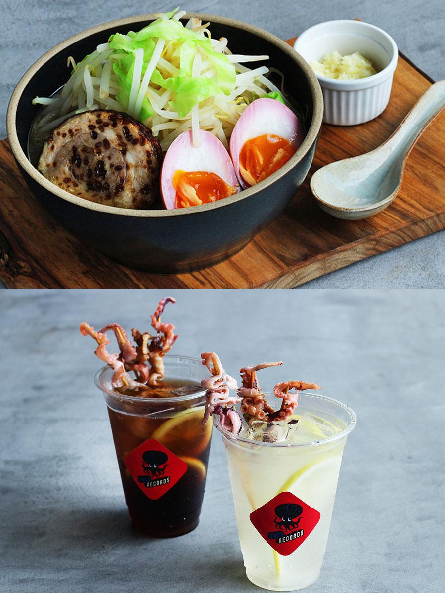 （写真上から）川谷絵音さんが監修するラーメン（1,620円）や「タコ酎ハイ」（972円）などのドリンク