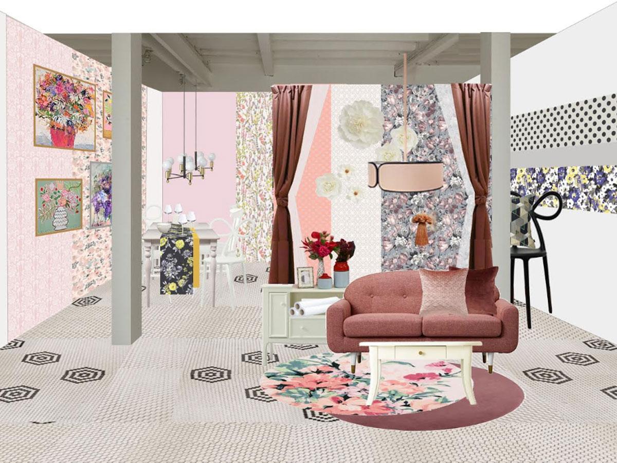 貼って?がせるウオールペーパーなど「ROOM COSME」のアイテムで装飾する1階のイメージ
