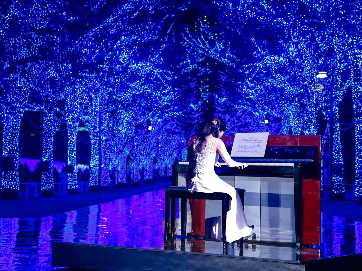 青色のイルミネーションが点灯する中でピアノの生演奏を行う（写真はイメージ）