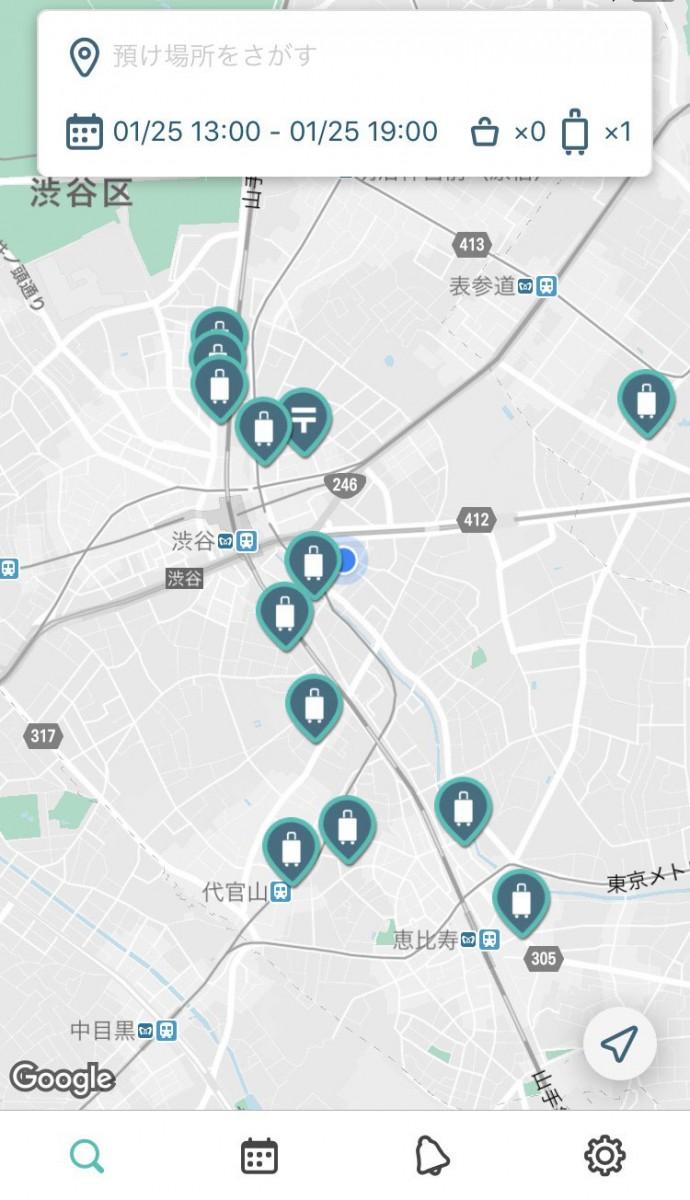 「ecbo cloak」アプリ（トップ画面）。立ち上げるとすぐに地図が表示される