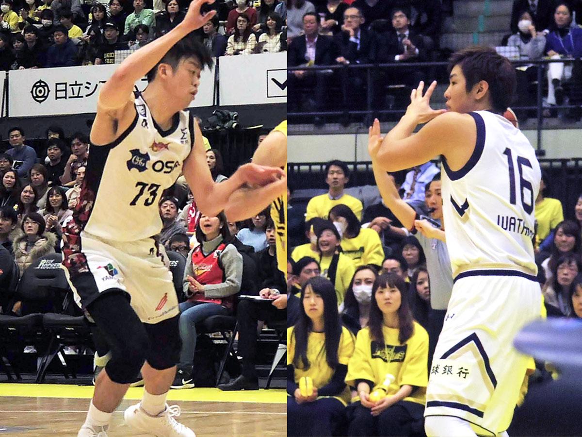 三猿ネオフェニックスから移籍する田渡修人選手（左）とかつて伊佐勉HCと山内盛久選手と同じ琉球ゴールデンキングスに所属していた渡辺竜之佑選手（右）