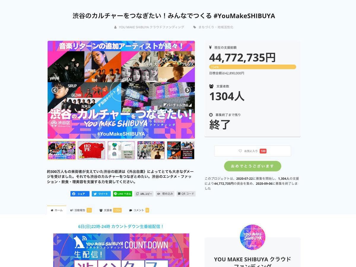 終了したYOU MAKE SHIBUYAクラウドファンディングのページキャプチャ