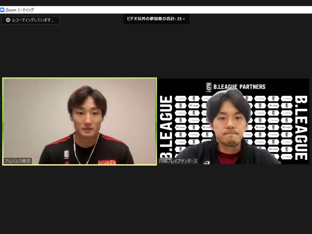 オンラインで取材に応じた（左から）アルバルク東京の田中大貴選手と川崎ブレイブサンダースの篠山竜青選手