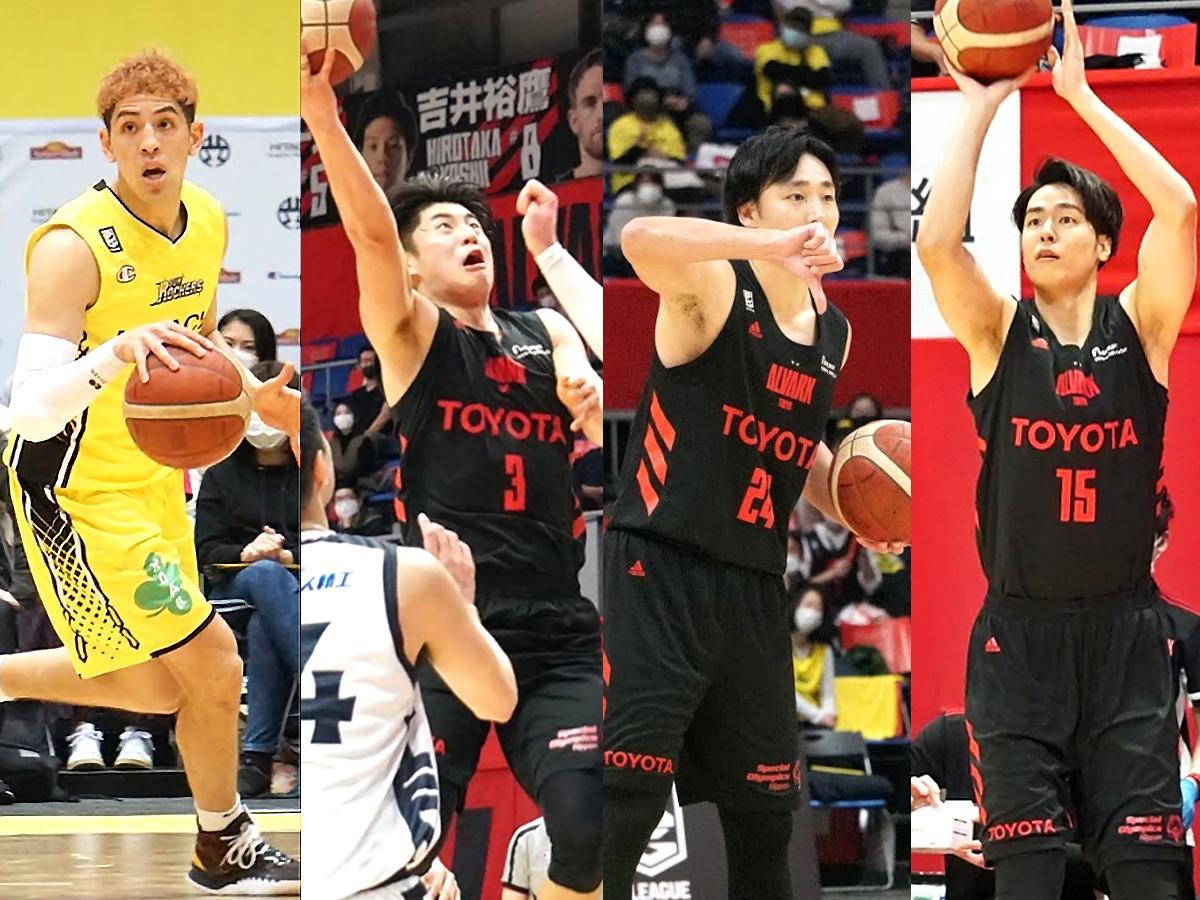 （左から）サンロッカーズ渋谷・ベンドラメ礼生選手、アルバルク東京・安藤誓哉選手、田中大貴選手、竹内譲次選手