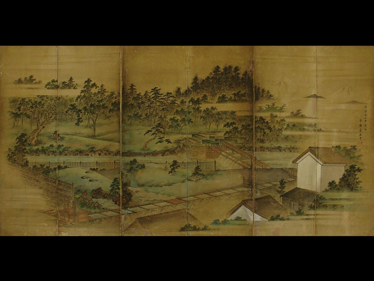 明治初期の渋谷の田園風景を描いた「玉川家庭園屏風」（当館所蔵）