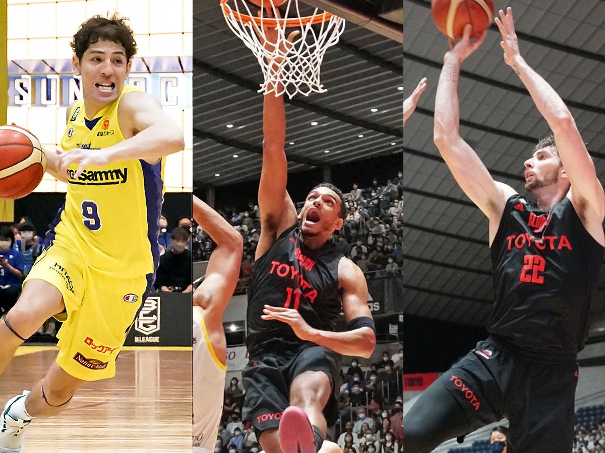 Bリーグオールスターゲーム2023に出場が決まった（左から）SR渋谷・ベンドラメ礼生選手、A東京・セバスチャン・サイズ選手、ライアン・ロシター選手