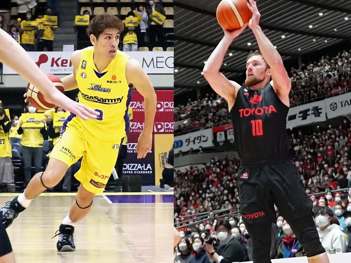 （左から）サンロッカーズ渋谷のベンドラメ礼生選手、アルバルク東京のザック・バランスキー選手