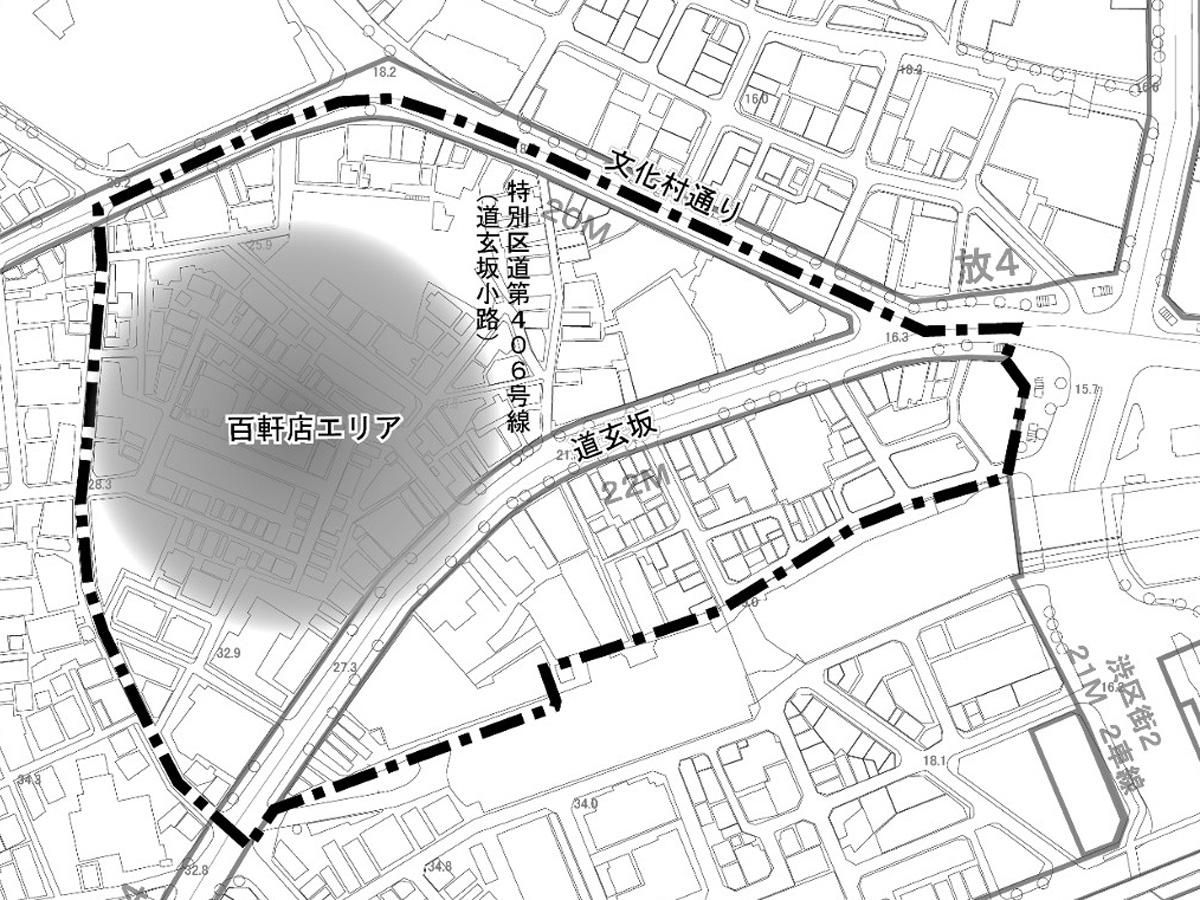 「街並み再生地区」に指定された「道玄坂二丁目地区」（「道玄坂二丁目地区 街並み再生地区 区域図」PDF資料より）