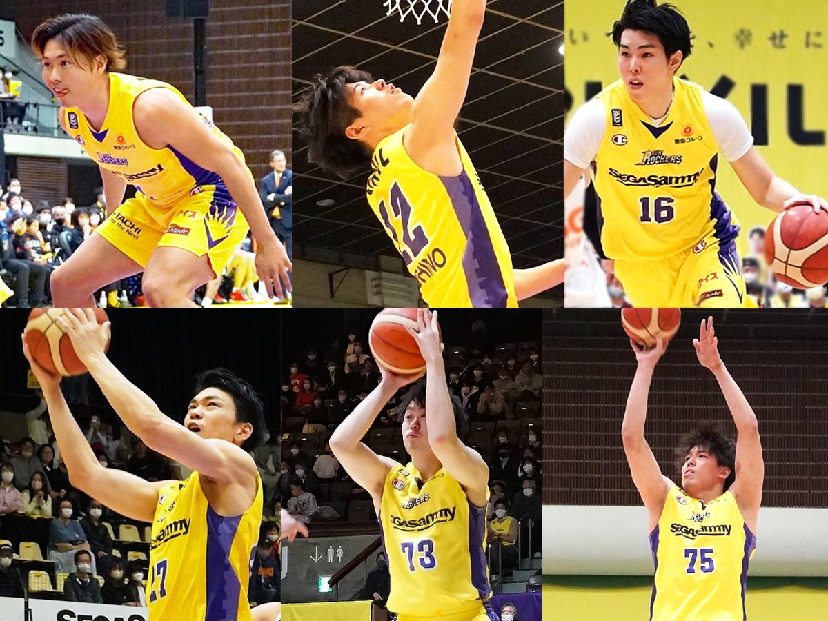 今季で退団する（左上から時計回りで）関野剛平選手、西野曜選手、渡辺竜之佑選手、井上宗一郎選手、田渡修人選手、石井講祐選手