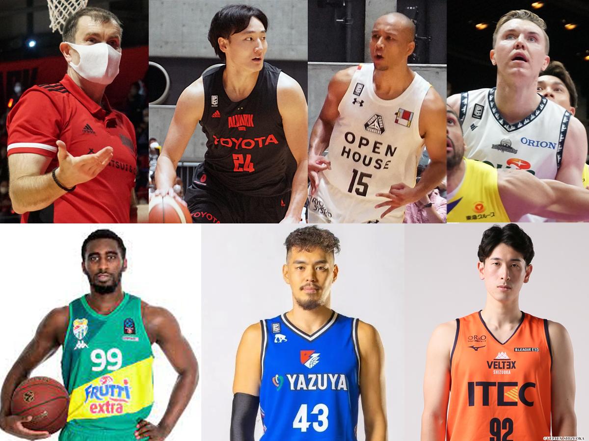 （左上から時計回りで）ルカ・パヴィチェヴィッチヘッドコーチ、田中大貴選手、アキ・チェンバース選手、ジョシュ・ホーキンソン選手、村越圭佑選手、永吉佑也選手、アンソニー・クレモンズ選手