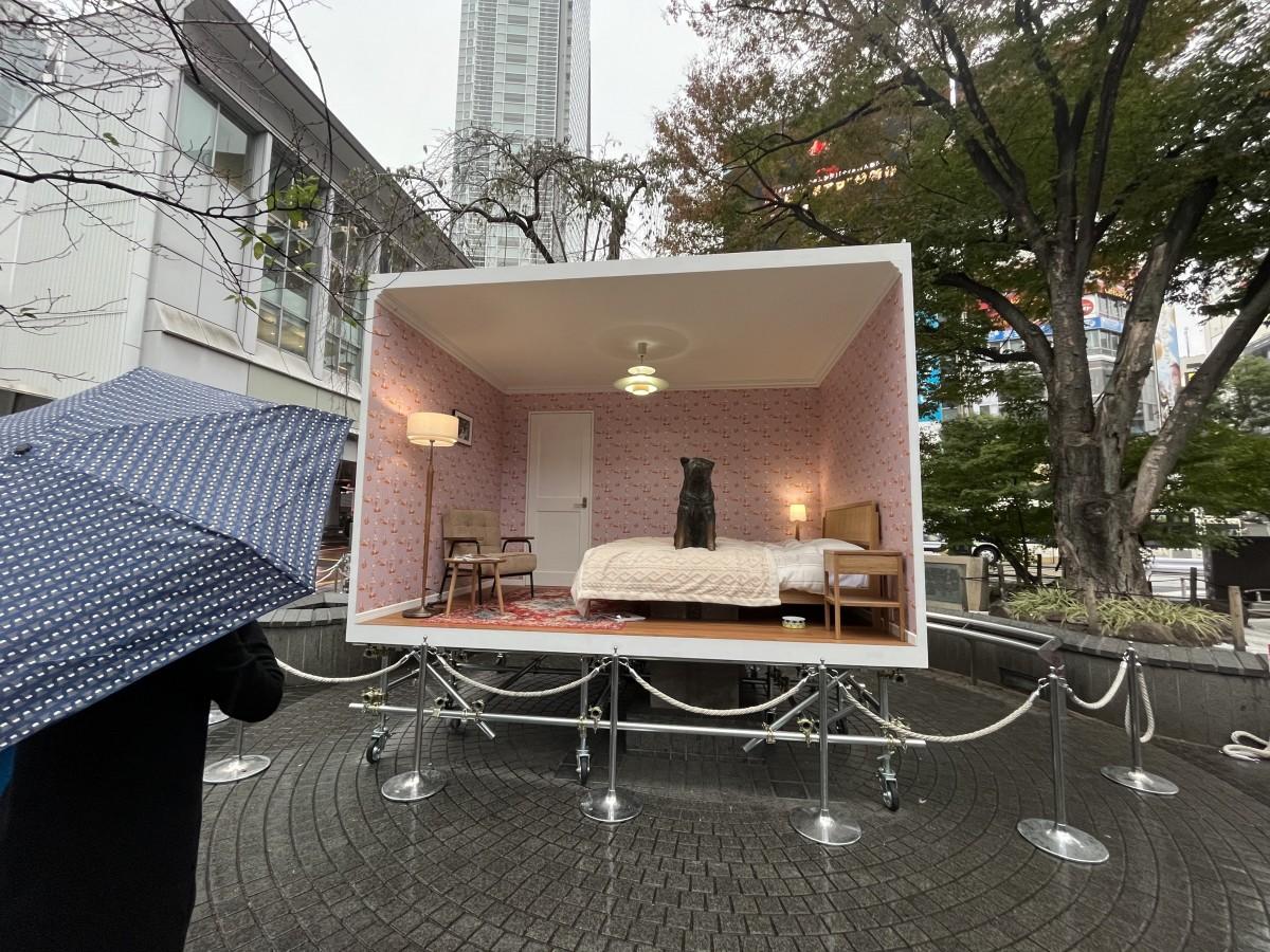 雨の中、あたたかい「部屋」に包まれる渋谷駅前・忠犬ハチ公像