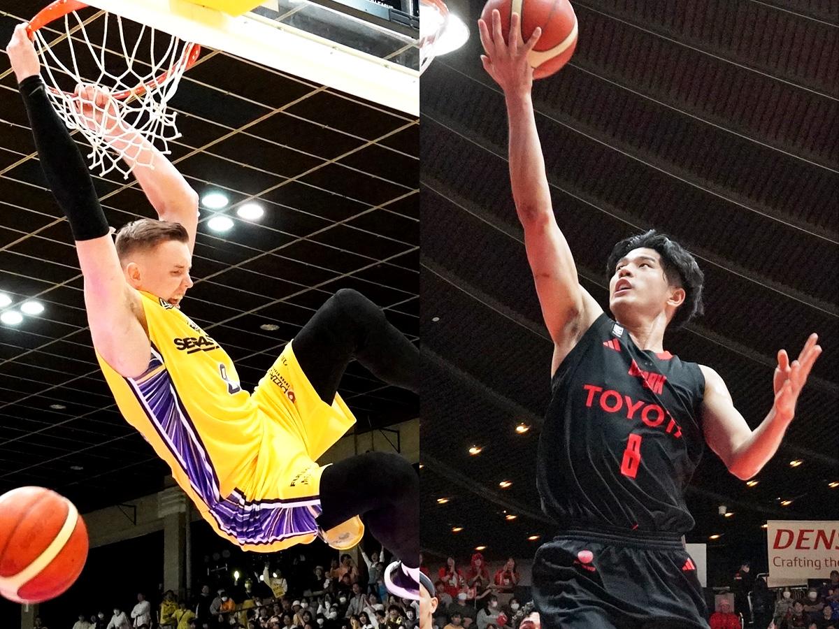 （左から）サンロッカーズ渋谷のジョシュ・ホーキンソン選手、アルバルク東京の吉井裕鷹選手