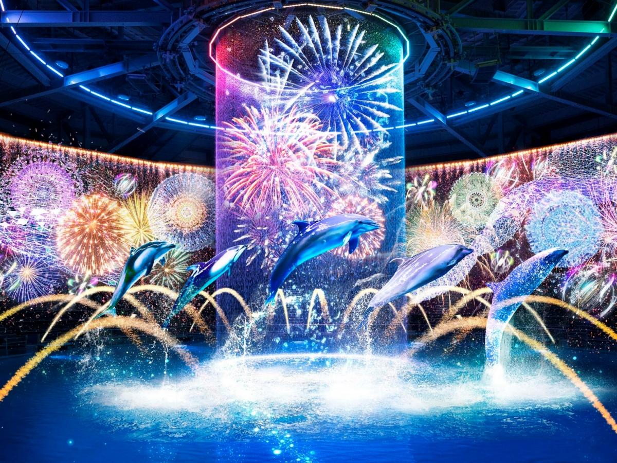 ドルフィンパフォーマンス「瑠璃花火-Digital Fireworks-」イメージ(写真提供=マクセルアクアパーク品川)