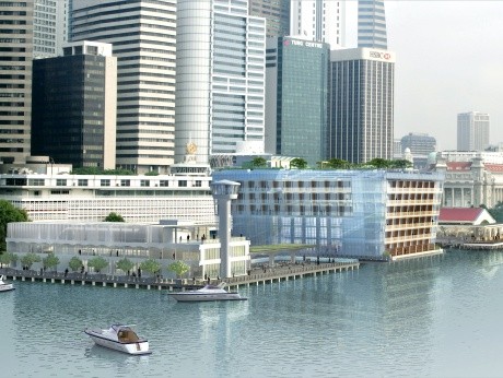 マリーナベイの旧港湾歴史地区を再開発し、新たな複合商業地区に生まれ変わった「フラトン・ヘリテージ」。左から、「カスタムズ・ハウス」「フラトン・ベイ・ホテル」「クリフォード・ピア」