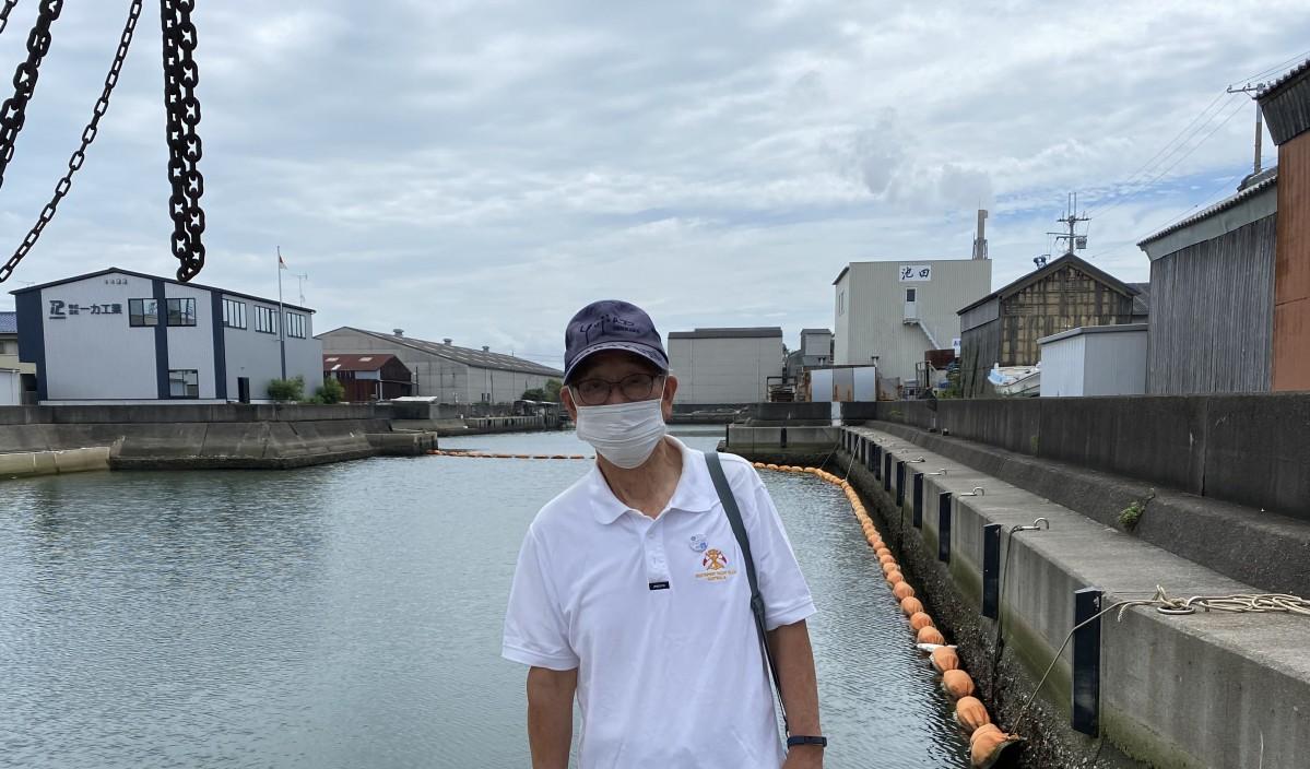 出発場所の旧工楽邸前堀川運河と高砂海文化21Cの河合さん